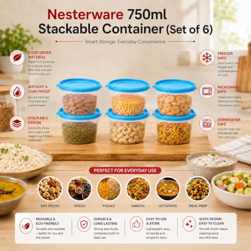 Image of Cutting EDGE Nesterware 750ml Stackable Food Container (Set of 6, Blue) | BPA-free plastic, stackable design, leak-proof, kitchen storage, pantry, fridge, meal prep, reusable, travel use