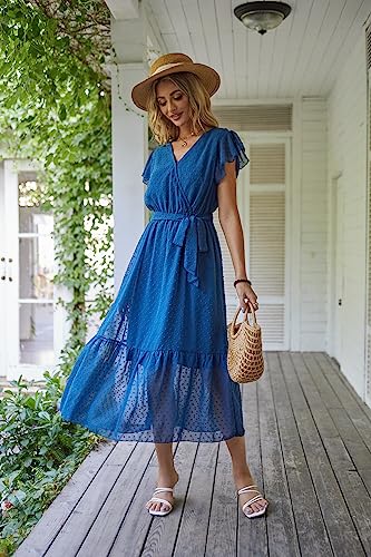 Image of VintageClothing Womens Sundress Casual Floral Summer Boho Dress | Flowy Wrap V Neck Ruffle A-Line Pleated Hem Midi Dresses