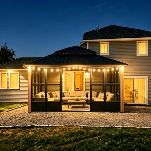 PURPLE LEAF 12' X 14' Patio Hardtop Gazebo Double Top Outdoor Screen Aluminum Solarium Backyard with Detachable Windows and 24 Solar Light