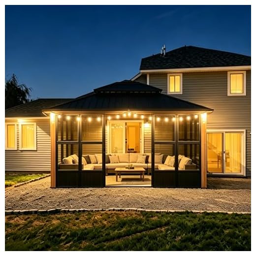 PURPLE LEAF 12' X 14' Patio Hardtop Gazebo Double Top Outdoor Screen Aluminum Solarium Backyard with Detachable Windows and 24 Solar Light