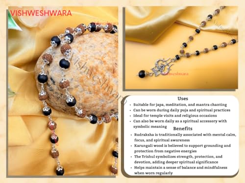 Image of Govt. Lab Certified Karungali Rudraksha Om Shiv Triushul Malai Original | 100% Natural Ebony Wood (54+1) Beads Mala 8mm in German Silver Cap | for Men & Women