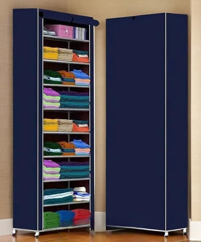 Image of Bagnizer Collapsible Wardrobe Printed Cover 6 Shelves Storage Clothes Storage Rack -Great Kitchen Storage QuickWardrobe Organizer Storage Rack Foldable Collapsible (Blue)