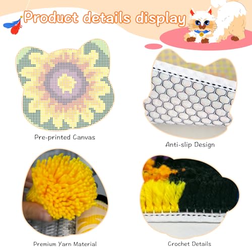 Image of YP Sunflower Latch Hook Rug Kit for Adults Beginners - 12x12 Inch DIY Craft Crochet Rug, Beginner-Friendly Art Project for Home Decor, Easy-to-Make Needlecraft Kit