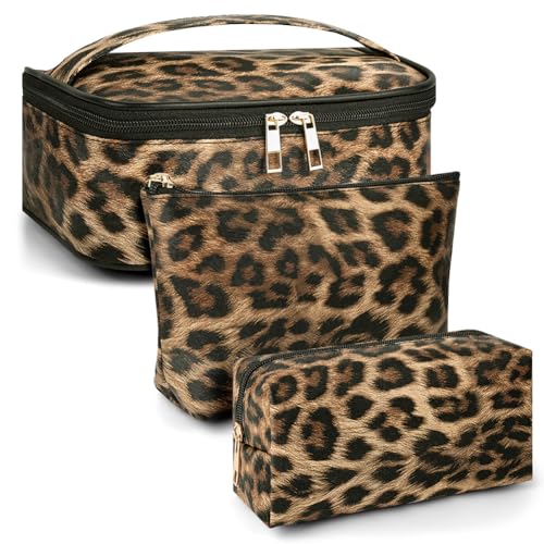 Adiwo 3 Piezas Bolsa de Maquillaje Estampado de Leopardo, Bolsa de Aseo Plegable con Asa, Neceser para Viaje Hombres y Mujeres, Cosméticos y Artículos de Tocador