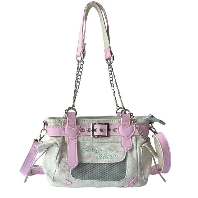 Y2K Harajuku Kawaii Goth Casual Style Denim Cute Heart and Pink Belt Decor Adjustable Cross-body Shoulder Bag