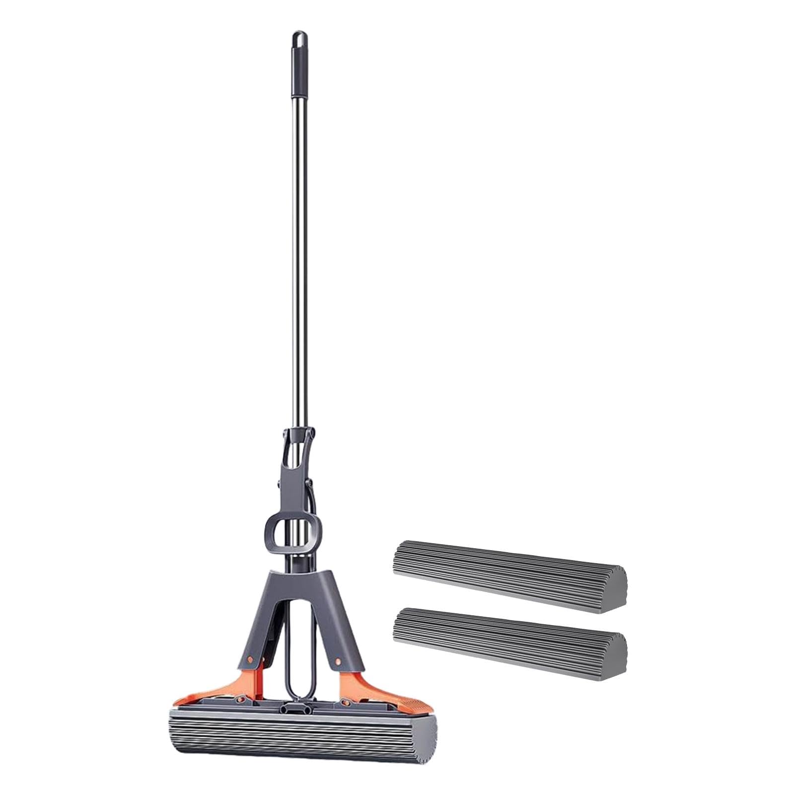 Floor Roller Mop - PVA Sponge Roller Mop with Adjustable Handle | Squeeze Mop with 2 Pieces Sponge Heads | Efficient Cleaning Absorbent Sponge Mop for Hardwood Tile Marble Floor for Bedroom