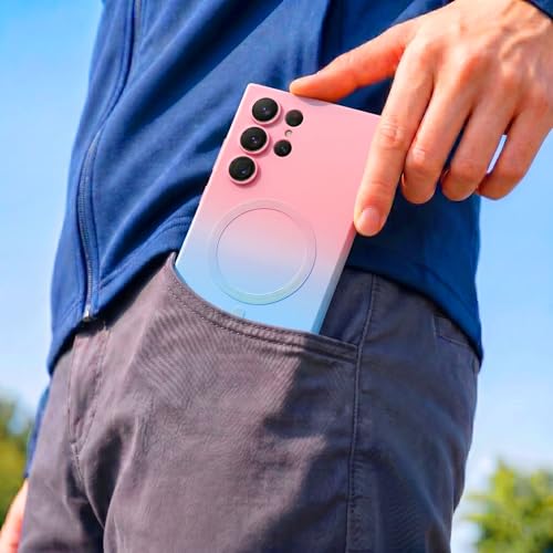 Image of amazon basics Gradient Mag-Safe Case for Samsung Galaxy S22 Ultra | Soft Silicone Shockproof Cover with Camera Protection | Slim Lightweight Design | Smooth Touch & Durable - Pink & Blue