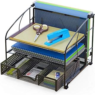 SimpleHouseware Desk Organizer 3 Tray w/Sliding Drawer and Hanging File Holder, Black