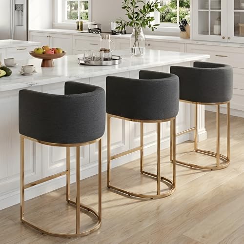 Image of HNY Modern Barrel Counter Height Bar Stools Set of 3, 29 Inch Charcoal Linen Kitchen Barstools with Back for Island, with Gold Metal Tubular Frame