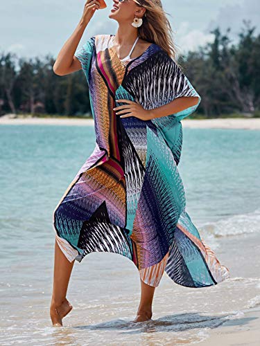 Shermie Womens Chiffon Bathing Suit Cover Up Multicolor Block Print Oversize Beach Cover Up thumb #2