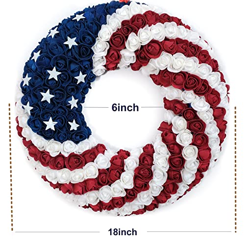 18Inch Patriotic Roses Wreath, 4th of July Summer Soft Touch Foam Roses Wreath for The Front Door, Handcrafted Memorial Day Artificial Flowers for Indoor and Outdoor
