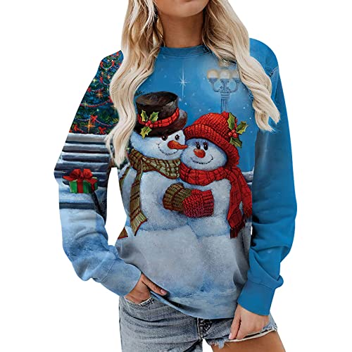 Women's Christmas Snowman Sweatshirts Cute Graphic Tops Holiday Loose Fit Long Sleeve Shirts Girl Pullovers #TOP2