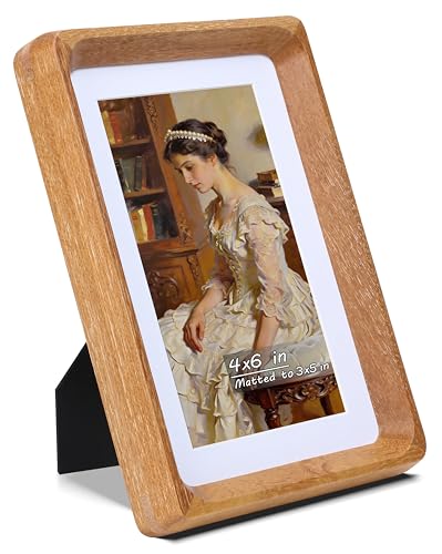 Image of 4x6 Picture Frame with Mat for 3x5, USA-Sourced Natural Teak Wood Handcrafted Rounded Corner with Real Glass, Vertical or Horizontal Display Photo Gallery Wall & Tabletop Frame