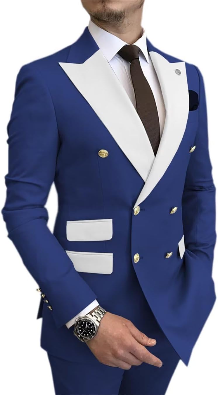Men's Suits Slim Fit, Double Breasted Suit for Men, 2 Piece Suit Tuxedo Solid Jacket Pants Set Wedding Prom Party Royal Blue