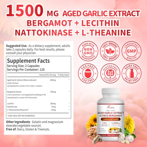 Image of VivoNu Odorless Aged Garlic Extract,1500mg per Serving, 240 Capsules | Cholesterol*,Lipid* & Liver* Support | 5-in-1 Formula with Bergamot,Lecithin,Nattokinase,L-Theanine | Organic, NON-GMO