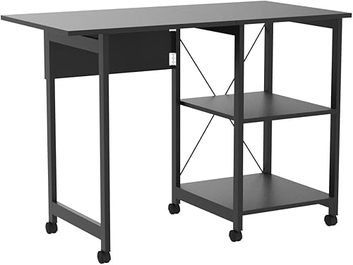 Miniatura 5 de Tangkula Folding Computer Desk, Modern Writing Table w/ 2-Tier Storage Shelves, PC Laptop Study Table Workstation w/ 6 Wheels, Space Saving Compact