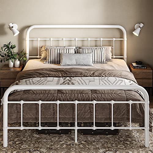 Image of Allewie Full Size Metal Platform Bed Frame with Victorian Style Wrought Iron-Art Headboard /Footboard, No Box Spring Required, White