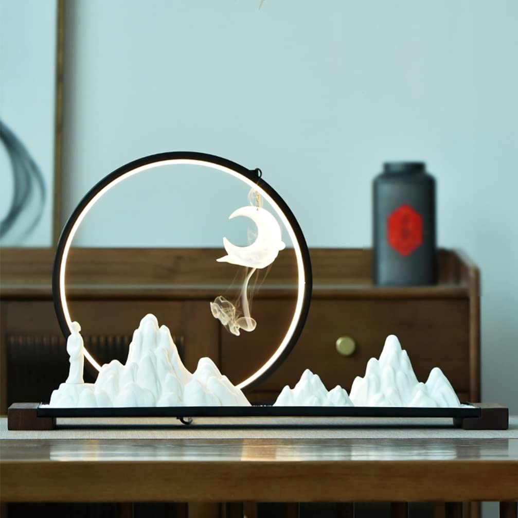 Quemador de incienso de reflujo de cascada, diseño de luna de montaña con base de madera de arena azul claro LED, perfecto para decoración del hogar y la oficina, alivio del estrés y relajación