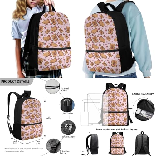 Xoenoiee Capybara Strawberry Pink Pattern 4Pcs School Backpack Set for Kids 17 Inch Large Bookbag with Insulated Lunch Box, Pencil Case, Water Bottle Holder2