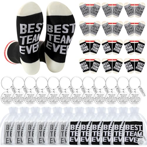 Shihanee 36 Pcs Team Appreciation Gifts for Employees Best Team Ever Gift Sock and Keychain with Organza Bags for Women Men(Black Gray)