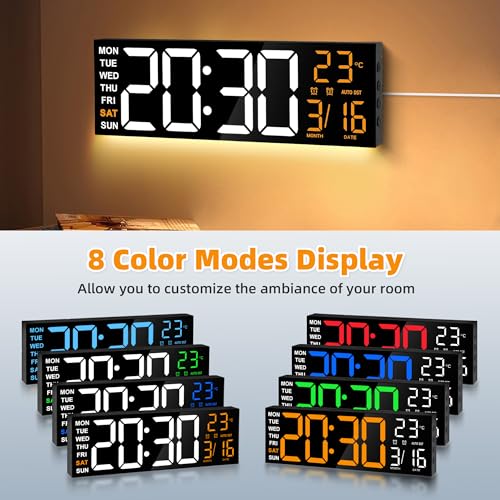 Image of Maxstar 16 inch Large Digital Wall Clock with 8 RGB Led Display & Remote Control, Loud Dual Alarms,5-Level Dimmer, Auto-DST, Temperature,Date,Night Light for Bedroom /Office /Living Room /Shop /Gym /Game Room