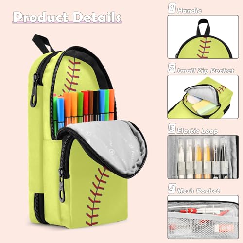 Image of ZAZYXTJ Softball Standing Large Capacity Pencil Case 3 Compartment Pen Pouch Storage Canvas Makeup Bag for School Office Teen Girl Boy Men Women