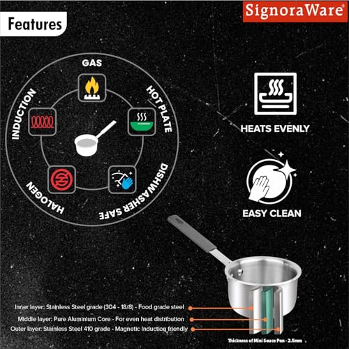 Image of SignoraWare Artista Tri-Ply Stainless Steel Mini Saucepan 10cm | Microwave Safe | Save Energy & Time | Easy to Clean | Heating Milk & Coffee | Ideal for Small batch of Pasta, Noodles & Oats (500ml)