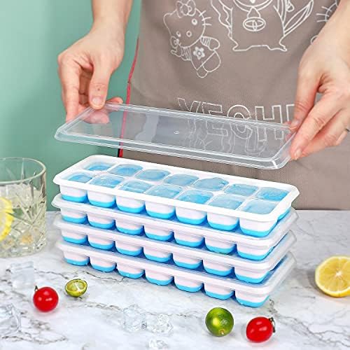 Vinsani 4 Pack Ice Cube Trays with Clear Removable Lid Easy-Release Silicone Flexible Ice Cube Moulds LFGB Certified and BPA Free Stackable Durable - Blue