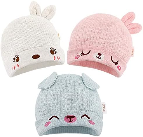DOKMA Organic Cotton Toddler Hat Set 3 Cute Animal Ears Design, Beanies for Baby Boys and Girls 0-6 Months, Pink