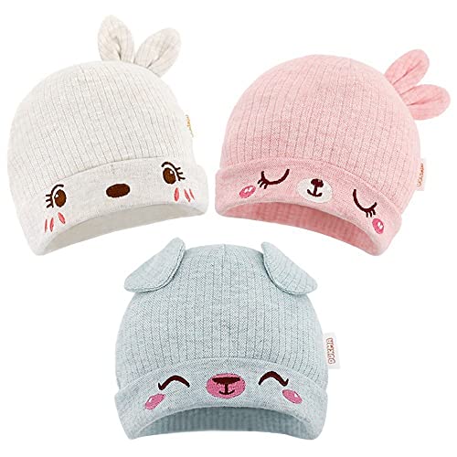 Image of DOKMA Organic Cotton Toddler Hat Set 3 Cute Animal Ears Design, Beanies for Baby Boys and Girls 0-6 Months, Pink