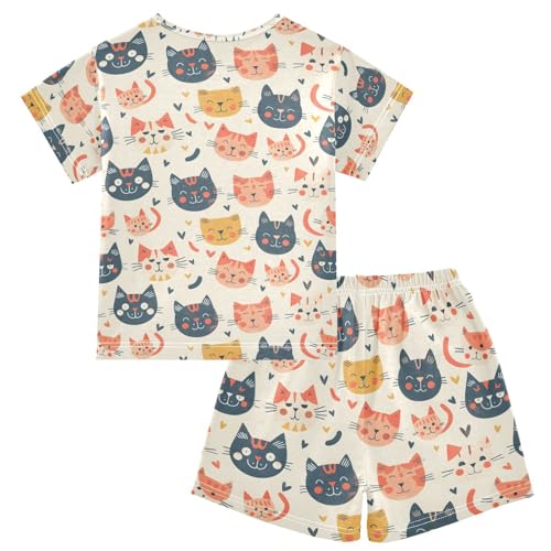ALAZA Romantic Cat Kitten Love Heart Pajamas Set Short Sleeve Cotton Sleepwear Summer Pjs 2 Piece 5-14Y2