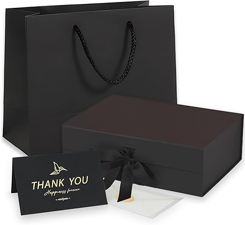 Caja de regalo mediana negra con tapa, cinta, bolsa de regalo y tarjeta de felicitación, 9.4 x 7 x 3 pulgadas, cierre magnético, ideal para