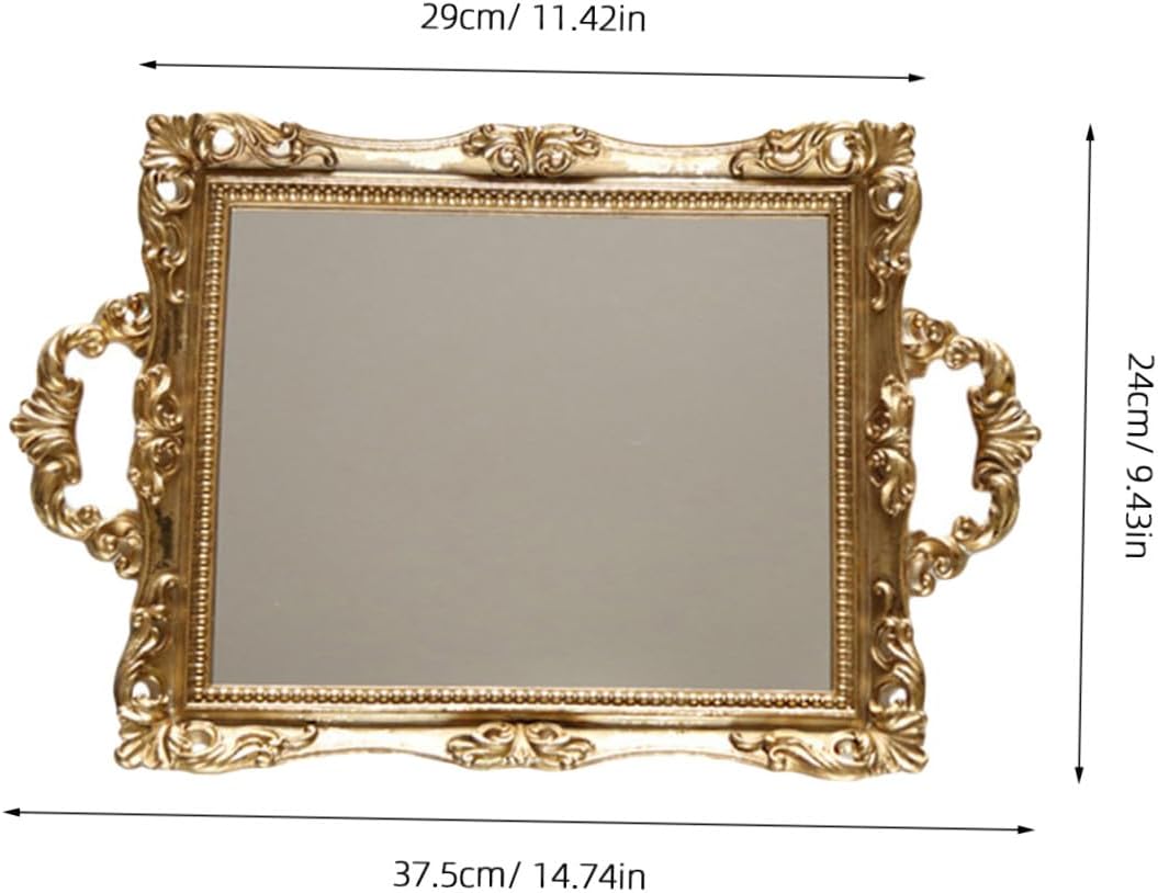 Retro Carved Mirror Tray Golden Resin Makeup Mirror Plate Cosmetics Storage Organizer Nordic Style Decorative Vanity Tray for Wedding and Home Décor