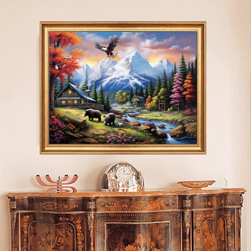 Image of DMCVIVR Stamped Cross Stitch Kits for Beginners Adults Needlepoint Kits for Beginners Embroidery Kits for Adults Crossstitch Kit for Beginners 11CT-Landscape Bear 16x20 inch