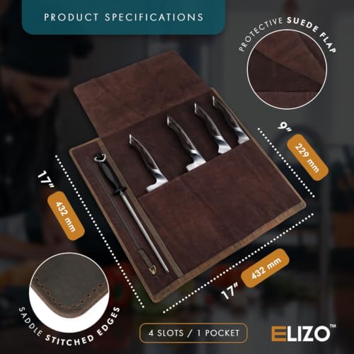 Image of ELIZO Personalized Leather Knife Roll Chef Knife Bag, Custom Monogram Travel Storage Carrying Case Wrap Holder for Professional Chefs, Embossed Grizzly