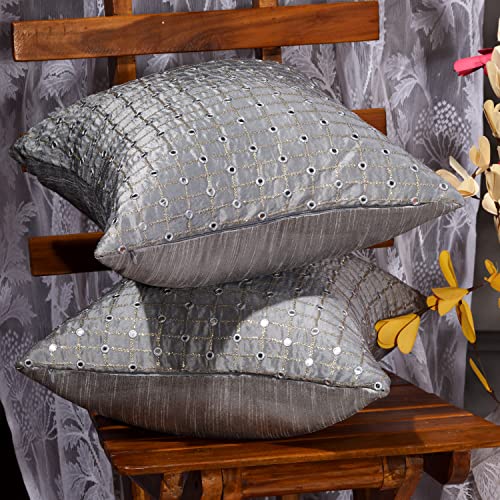 Image of Silver Decorative Cushion Covers 20x20 inches Set of 2, Embroidered Pillow Covers, Luxury Throws for Sofa and Couch, Festive Cushion Cover