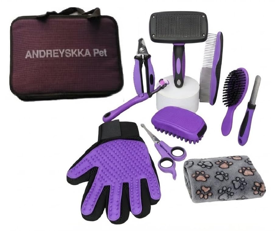 Andreyskka Pet, Set de Aseo y cuidados para Mascotas, 10 Piezas con Cepillos, Peines y Bolso de Viaje (Set de Aseo y Cuidados PET Negro Morado)