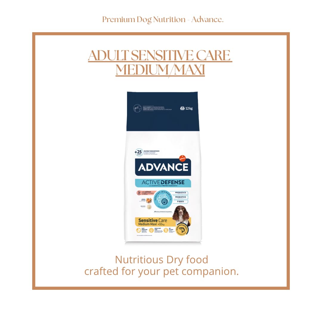 ADVANCE Cane ADULT SENSITIVE CARE MEDIUM/MAXI 12kg gusto Salmone | alimento secco completo per cani adulti, per aiutare la digestione, 1 confezione da 12kg.