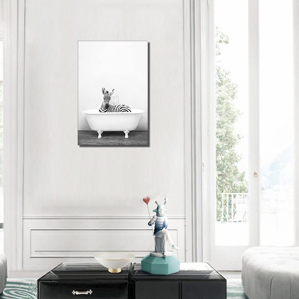 Zebra Wall Art for Kids Room Bathroom Cute Zebra Animal in a Tub Painting  Black and White Funny Canvas Artwork Framed Creative Picture Modern Home  Bedroom Office Living Room Decor, Framed(16x24in) –, image size:1000x1000