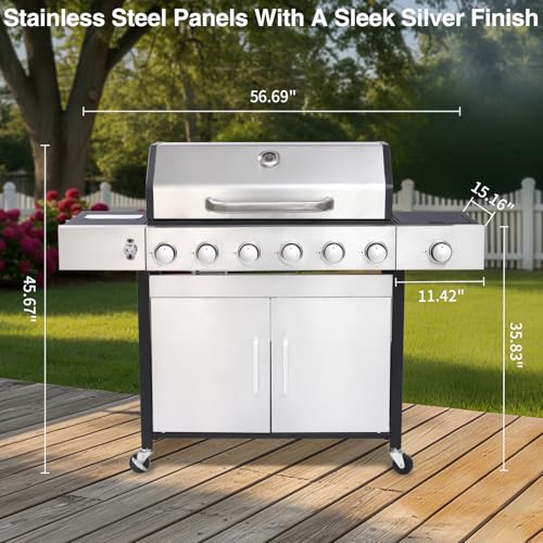6 Burner Propane Gas Grill with Side Burner, Cast Iron Grates, Plate, Lid and Warming Rack, Large Cabinet Style BBQ Grill for Barbecue Grilling Backyard Cooking, 620 SQ. IN. Cooking Area - Image 3