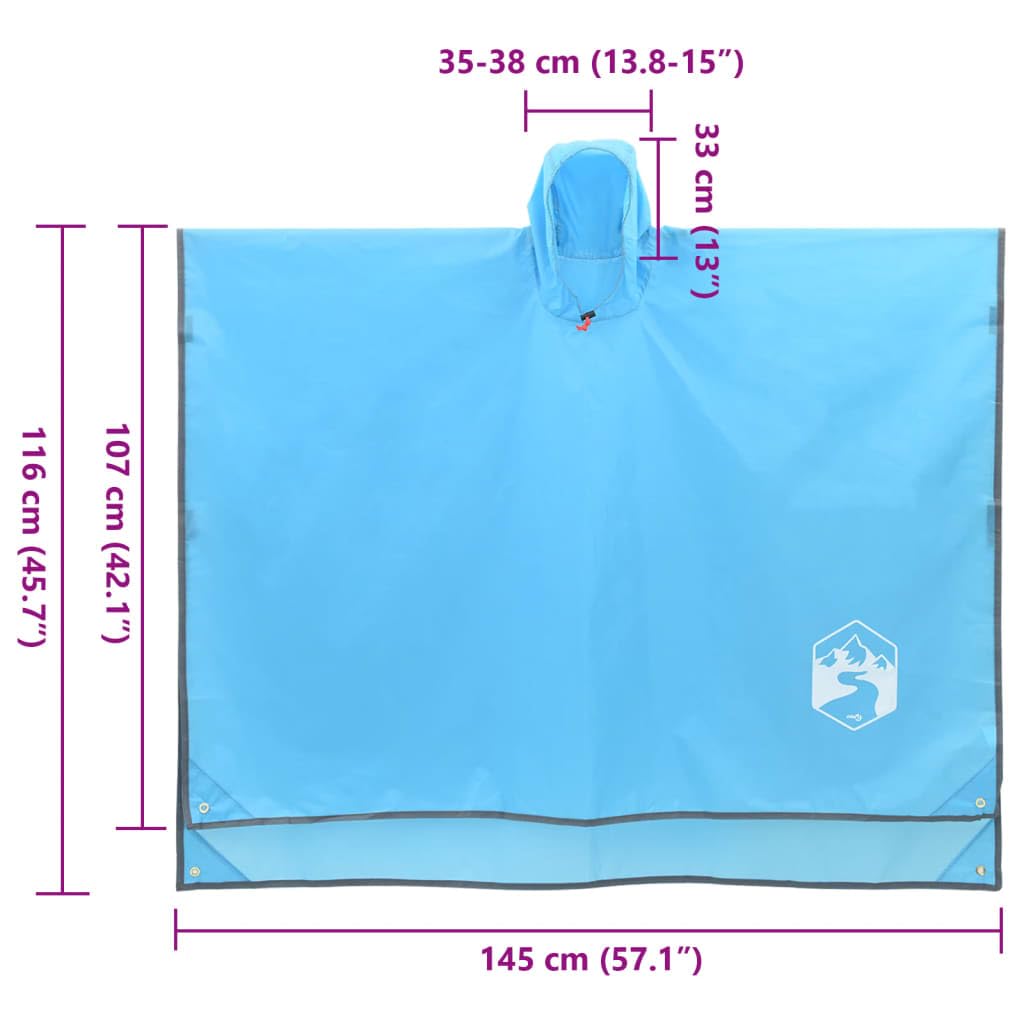 Rekreacja na świeżym powietrzu, kemping i piesze wycieczkiPonczo przeciwdeszczowe z kapturem wzór 2 w 1, niebieskie 223 x 145 cm