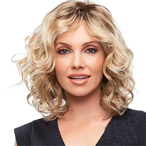 Peluca rizada corta Bob para mujer, peluca rubia hasta los hombros pelucas de separación media sintéticas cortas Bob onduladas peluca para mujer uso diario
