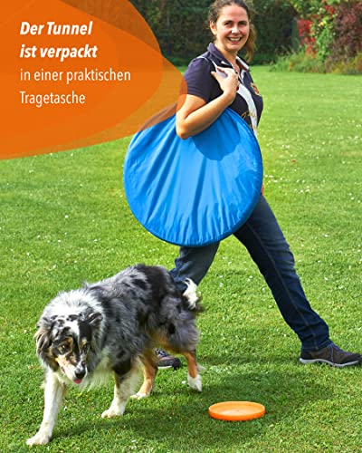 SPORTIKEL24 Agility Sacktunnel Blau – 3,80 m Länge, Ø 60 cm – Für Welpen & Anfängerhunde – mit Ösen, Heringen & Tragetasche – von Superhund