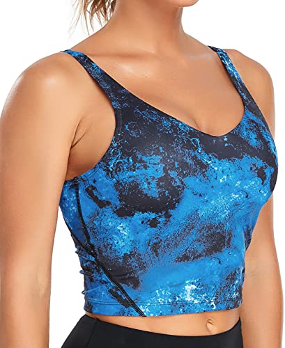 Image of Oalka Sports Bra Womens Longline Padded Crop Yoga Tank Tops | Built in Bras, Workout, Athletic, Fitness, Super Soft, Comfort, Cropped Top, Removable Pads, Heart Neckline For Women
