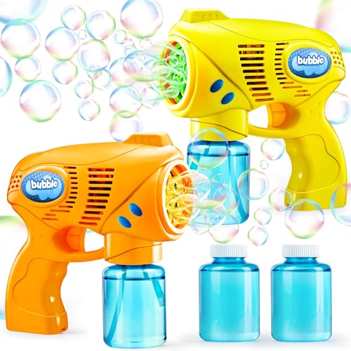 2 pistolas de explosão de bolhas coloridas com 2 soluções de bolhas (2 x 148 ml) para crianças para presentes de festa, brinquedo de verão, atividade ao ar livre