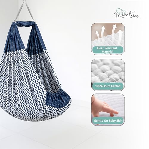 Image of Baby Cradle̞ | Cotton Cloth, Hanger Spring, Mosquito Net & Pad with Insert Pocket, Jhoola, Thottil | PRM-Navy Stripe
