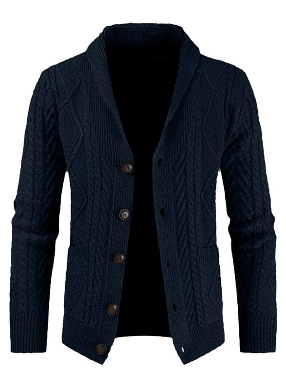 Mens Casual Shawl Collar Cardigan Sweater Slim Fit Cable Knit