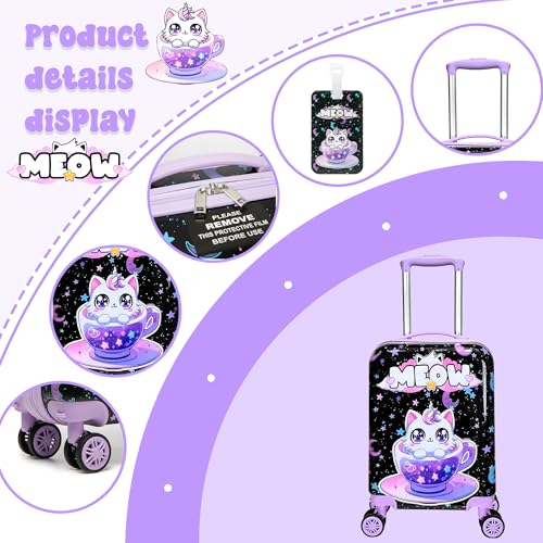 Image of Cute Black Cat Kid's Luggage Set 2 Piece Suitcase Set 16 inch Hardside Luggage with Spinner Wheels Girls Carry on Toddler Travel Rolling Luggage Airline Approved