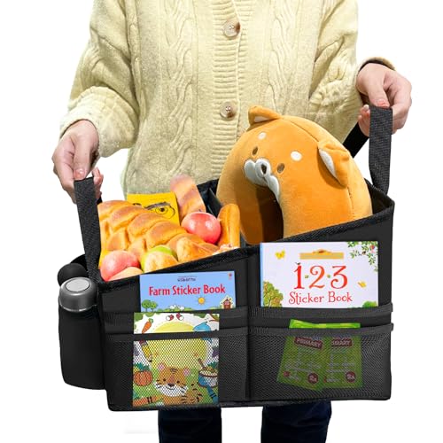 WOCVRYY Autositz Organizer Auto Kinder Rücksitz Zubehör Innenraum Frauen Beifahrersitz Organizer für Spielzeug Bücher Snacks mit Getränkehalter Gurtbefestigung