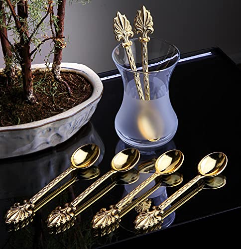 LaModaHome Handmade Turkish Ottoman Spoons Gift Set for Tea, Coffee, Sugar Measuring, Serving 12 Pcs Ahsen Gold Color Metal Tea Spoons